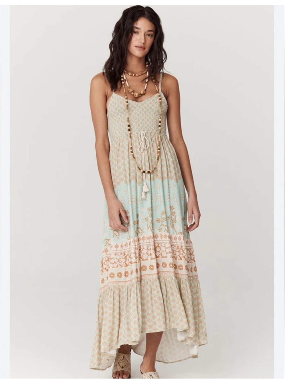 Boho Tiered Maxi Dress in Mint and Cream